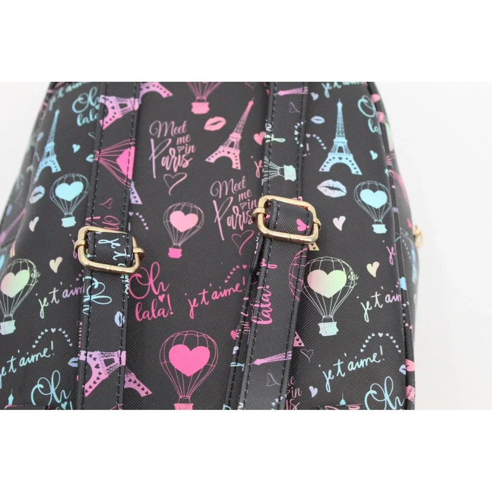 Paris Theme Mini Backpack Black Faux Leather Rainbow Zipper Eiffel Tower Print